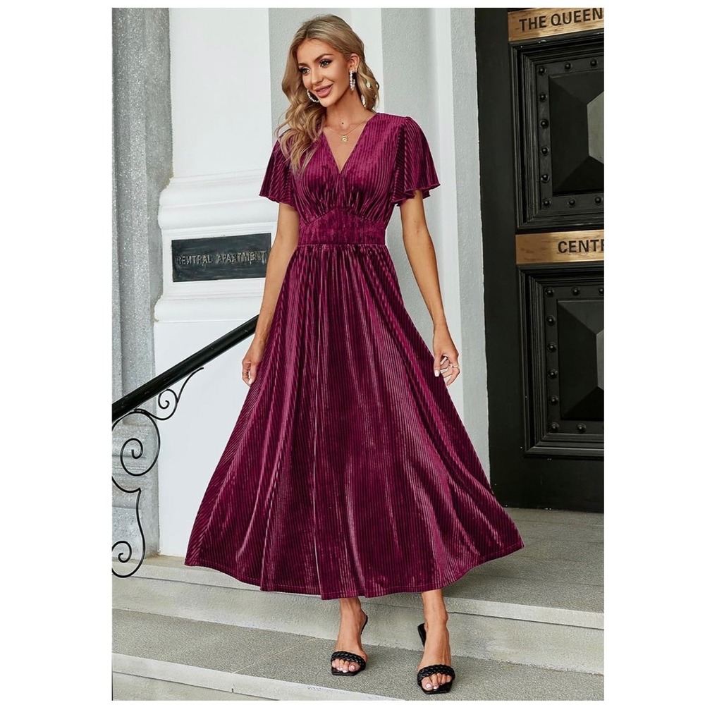 NWT Medium Simplee Womens Short Sleeve Velvet Maxi Dress V Neck Formal Dress - Picture 4 of 5